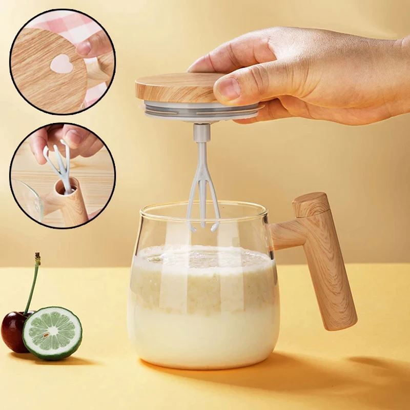 Self Mixing Glass Cup with Lid & Handle